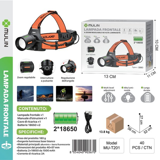 MU-T201 Lampada Frontale a Zoom Regolabile ad Alta Luminosità