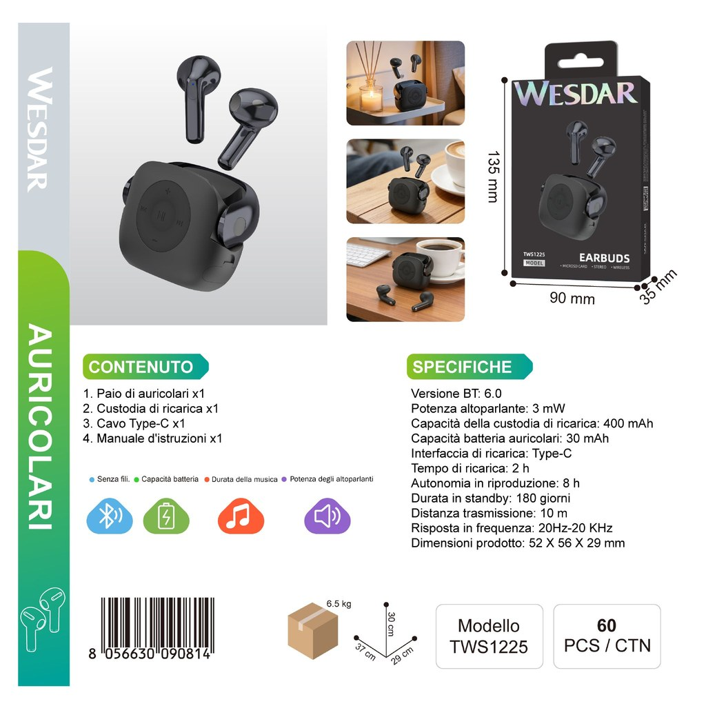 WESDAR TWS1225 Auricolare Bluettooth con Scheda TF Integrata Nero