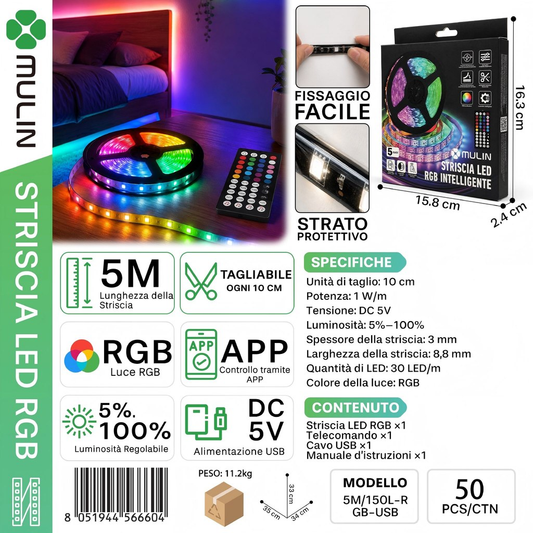MULIN 5M/150L Striscia LED RGB Intelligente