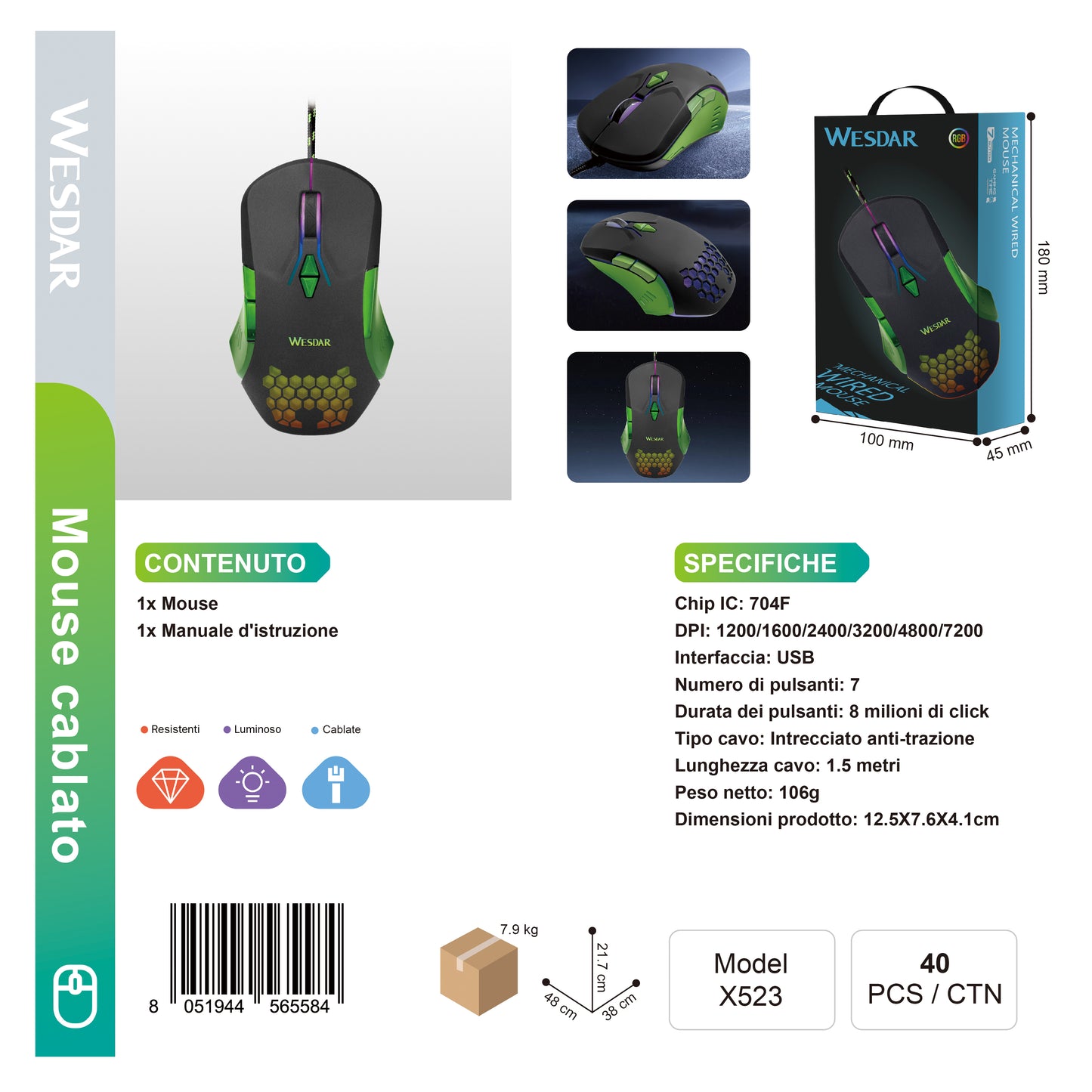 WESDAR X523 Mouse Cablato