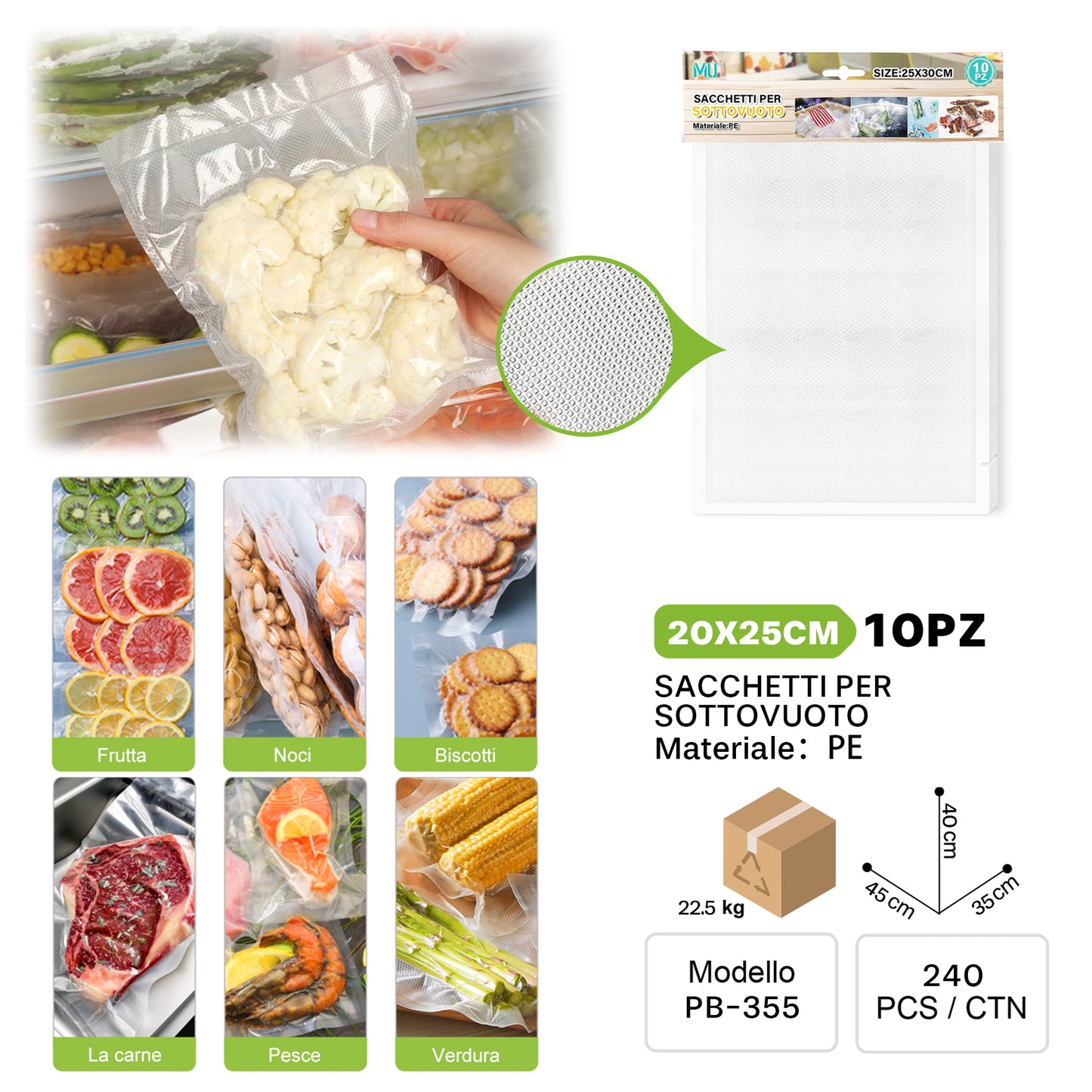 PB-355 Sacchetti Per Sottovuoto 20x25cm da 10pz
