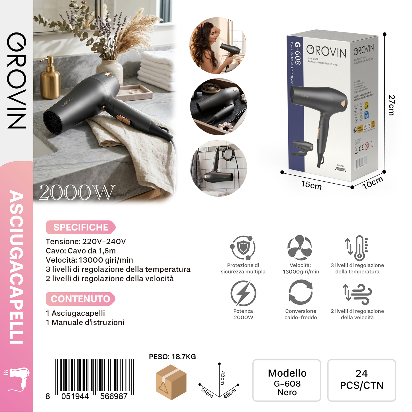 GROVIN G-608 Asciugacapelli 2000w Nero
