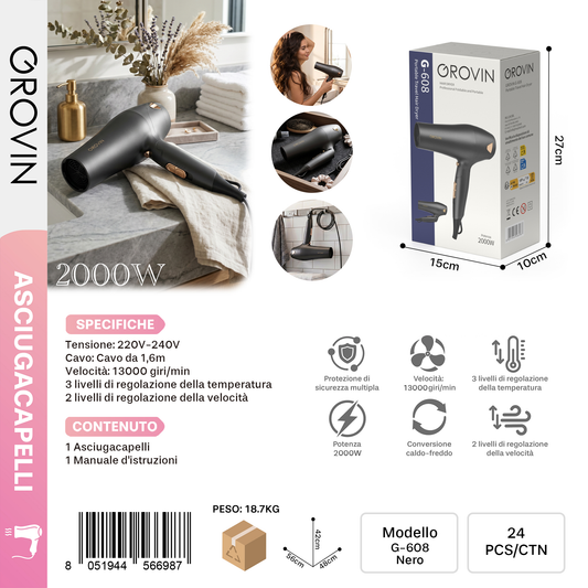 GROVIN G-608 Asciugacapelli 2000w Nero
