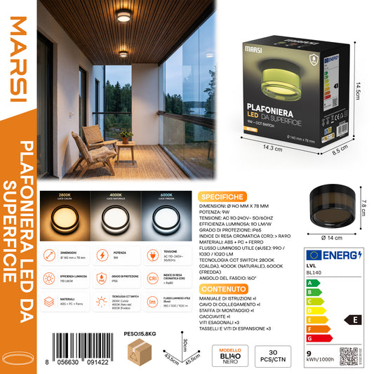 MARSI BL140 lafoniera LED da Superfice Nero