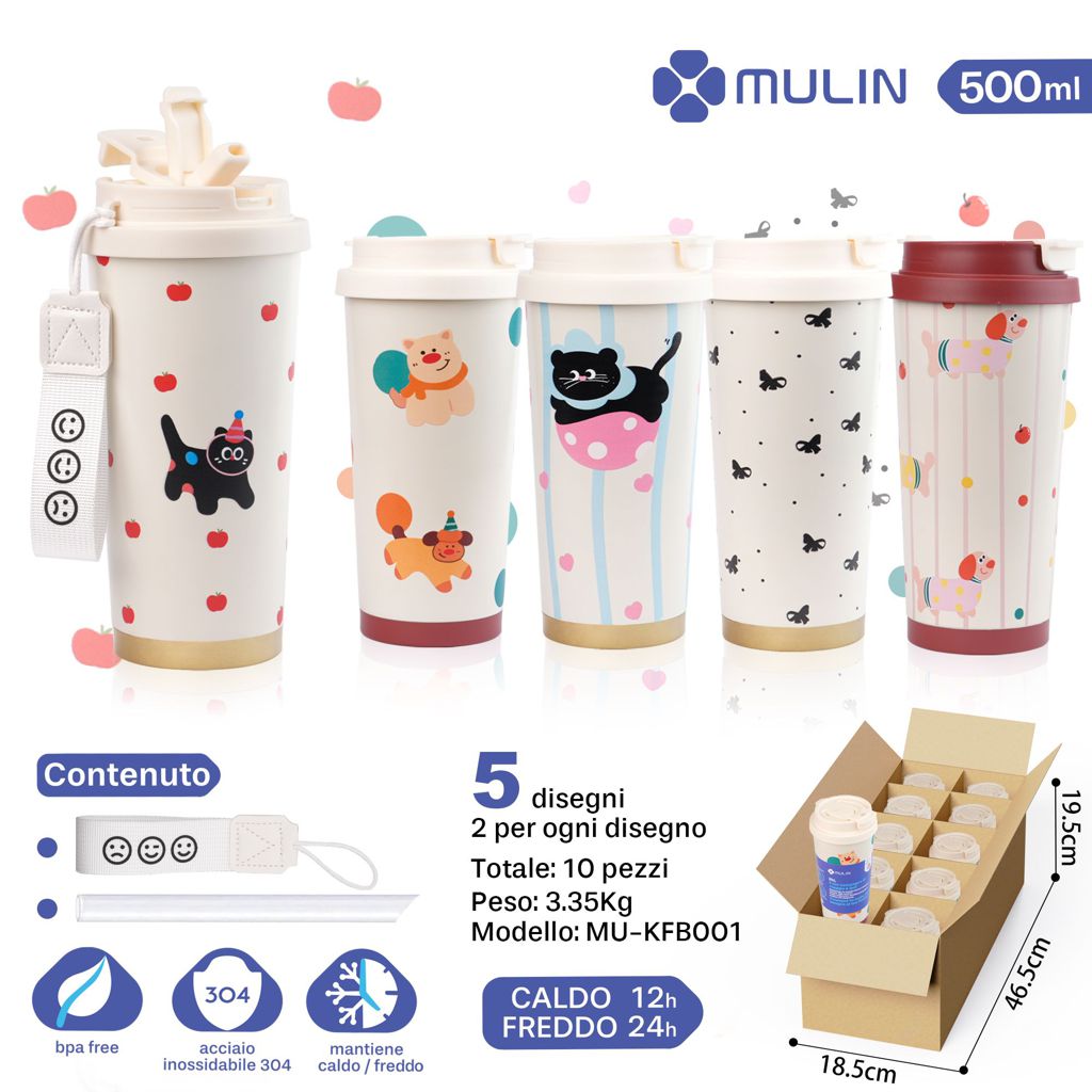 MU-KFB001A Borraccia Termica Animale 500ml - Pacchi da 10pz - 5 Colori