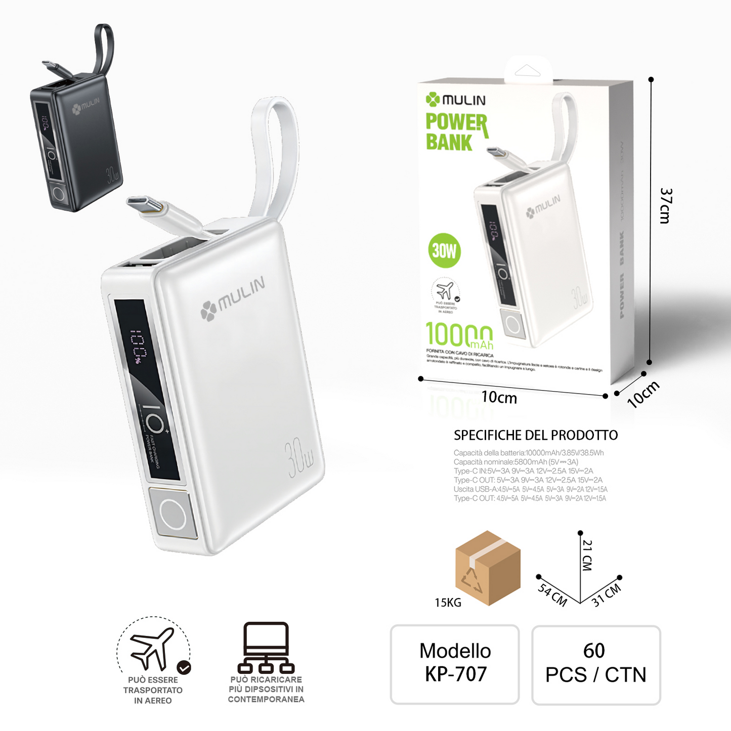 KP-707 Powerbank Portatile con Cavo Tipo C