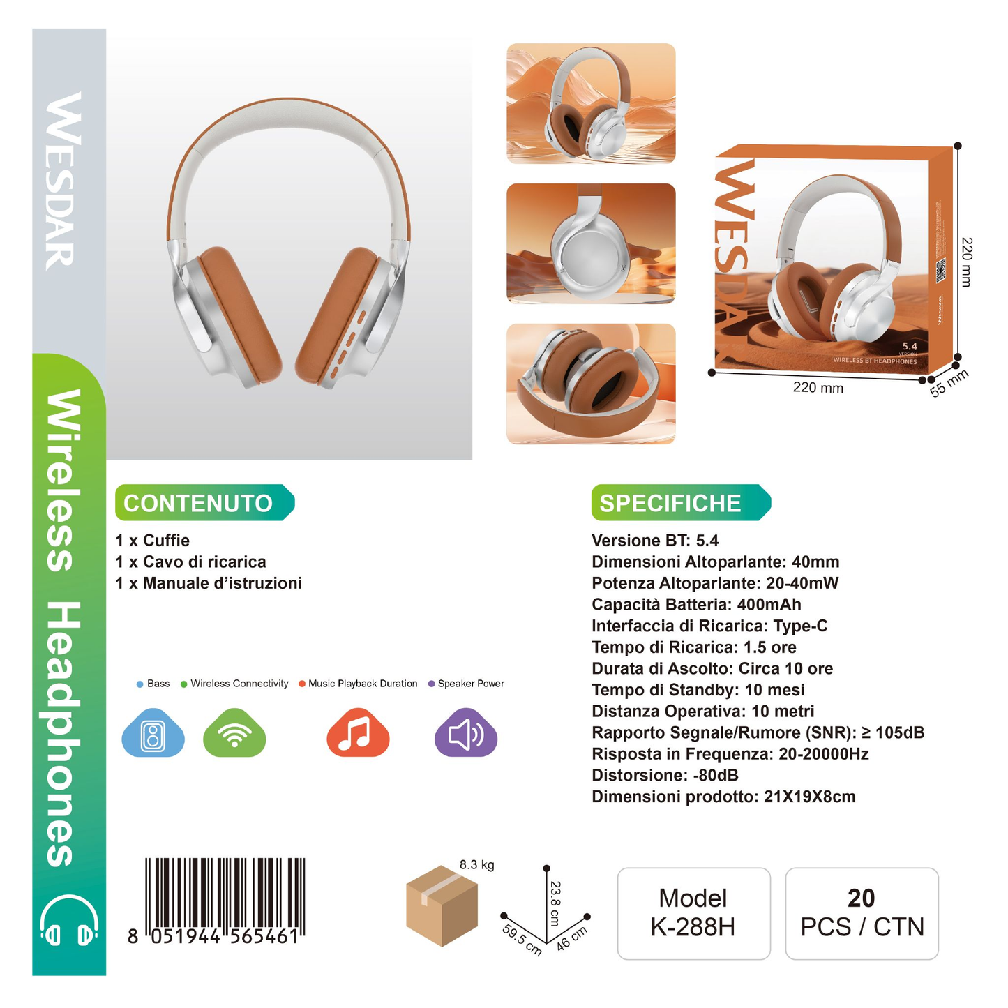 WESDAR K-288H Wireless Headphones Cuffie BT 5.4