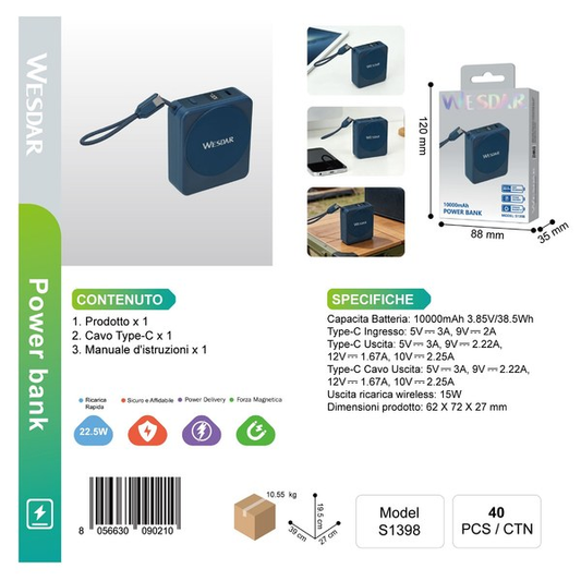WESDAR S1398 Powerbank Magnetico 10000mAh (Blu Scuro)
