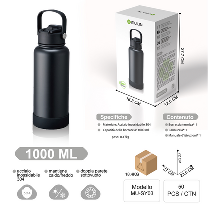 MU-SY03 Borraccia Termica A Doppia Parete con Maniglia 1L