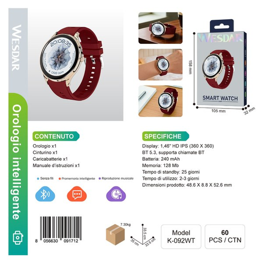 WESDAR K-092WT Smartwatch Oro + Cinturino Rosso