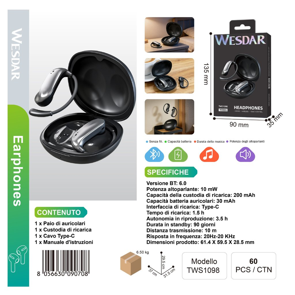 WESDAR TWS1098 Auricolari Bluetooth Nero