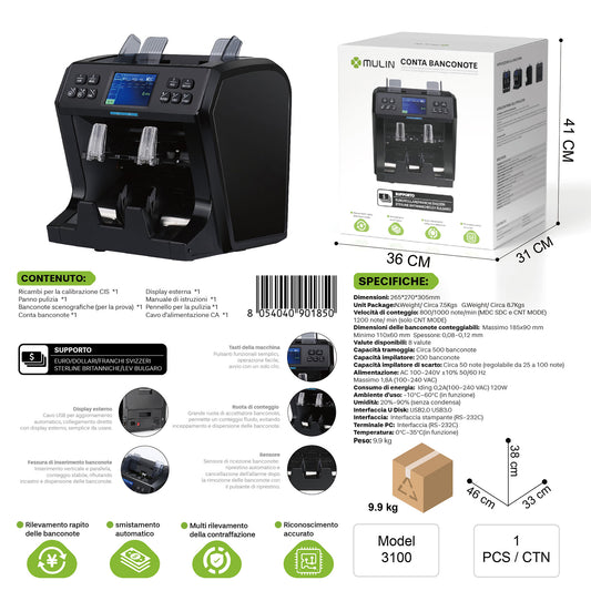 3100 Conta Banconote (Supporto Euro,Dollari,Franchi Svizzeri,Sterline e Luv Bulgaro)