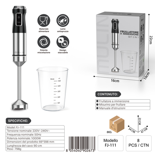 FJ-111 Frullatore a Immersione Set 2 in 1 in Acciaio Inox