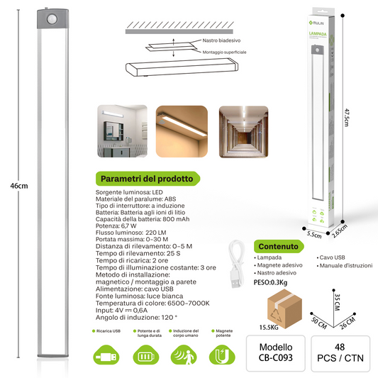 CB-C093 Lampada con Sensore di Movimento e Ricaricabile
