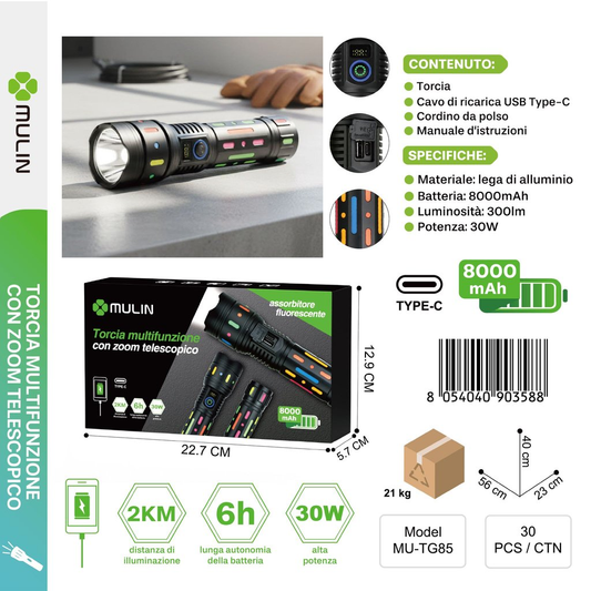MU-TG85 Torcia Multifunzione con zoom telescopio