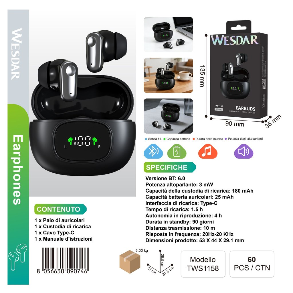 WESDAR TWS1158 Auricolare Bluetooth Nero