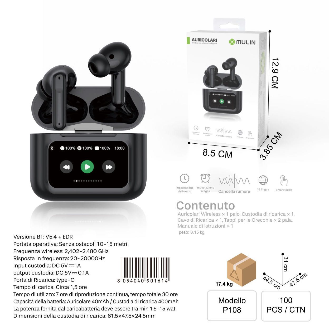 Auricolare Bluetooth P108 con Cancellazione Rumore, Smart Touch