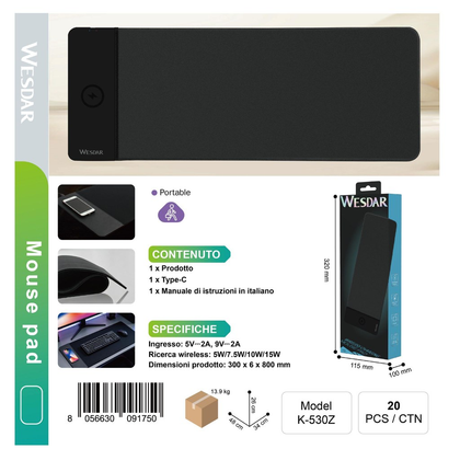 WESDAR K-305Z Tappetino per Mouse con Carica Telefono Integrato