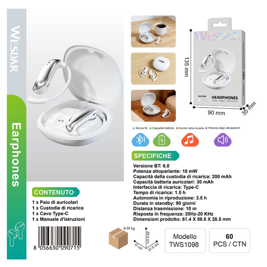 WESDAR TWS1098 Auricolari Bluetooth Bianco