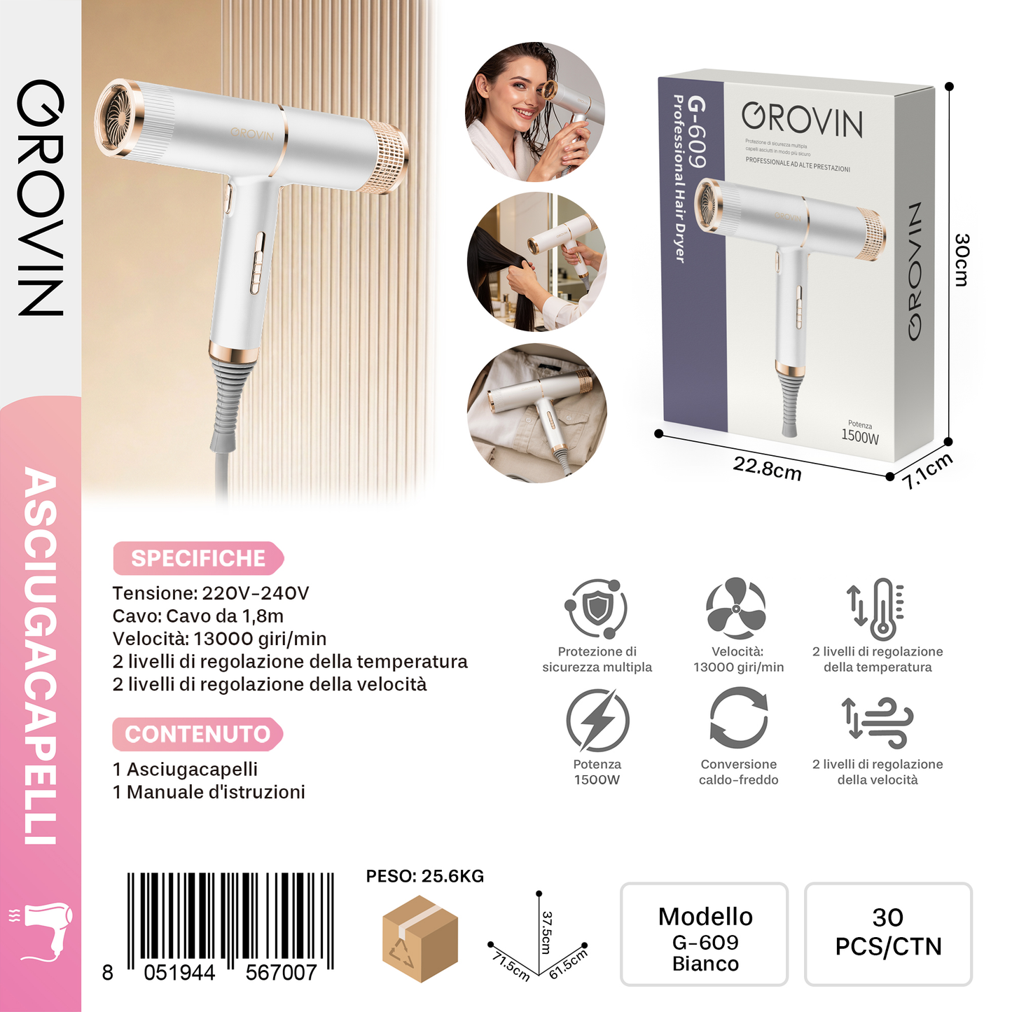 GROVIN G-609 Asciugacapelli ad Alta Prestazione 1500w