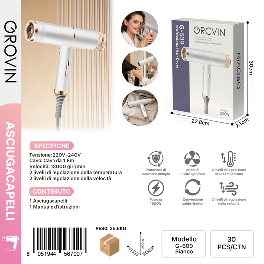 GROVIN G-609 Asciugacapelli ad Alta Prestazione 1500w