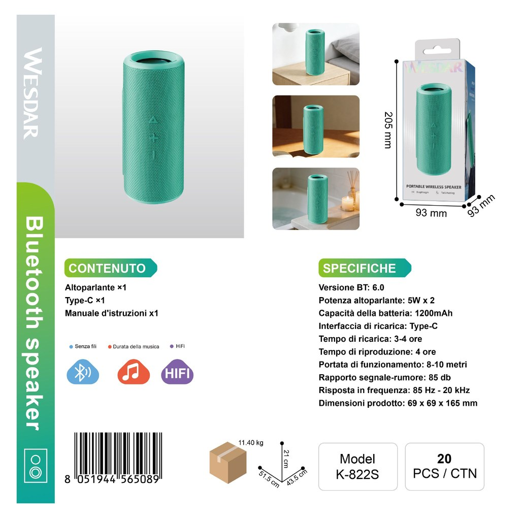 WESDAR K-822S Altoparlante Bluettooth 5w*2 Verde