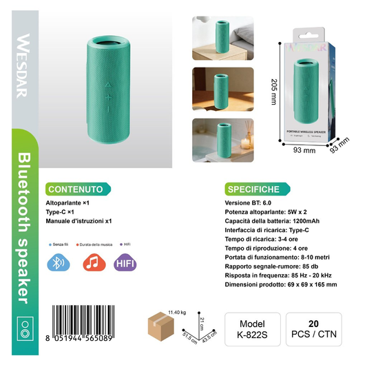 WESDAR K-822S Altoparlante Bluettooth 5w*2 Verde