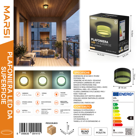 MARSI BL140 Plafoniera LED da Superfice Verde