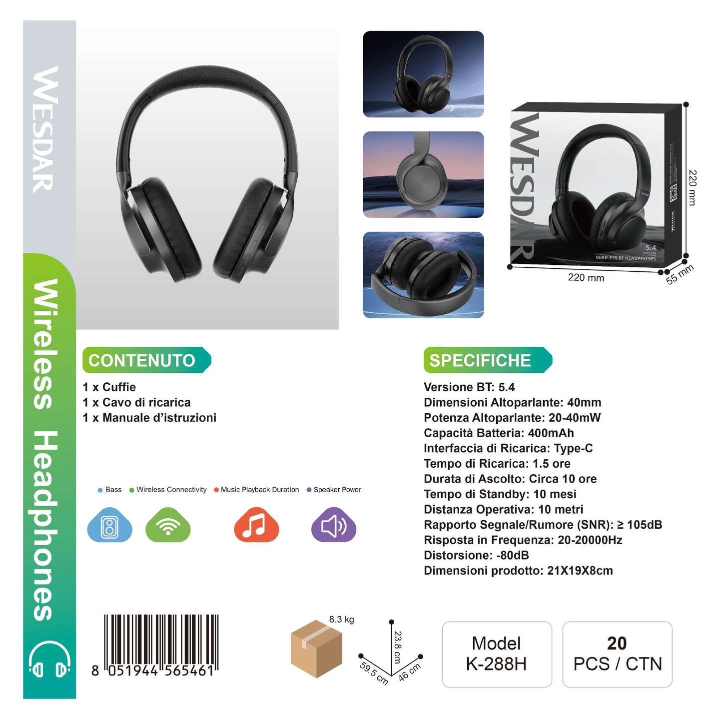 WESDAR K-288H Wireless Headphones Cuffie BT 5.4
