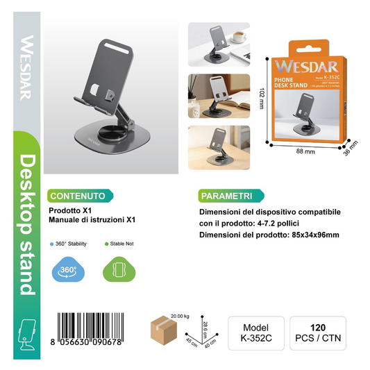 WESDAR K-352C Supporto per Telefono Grigio 360°