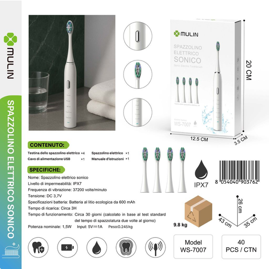 WS-7007 Spazzolino Elettrico per Denti con 3 Ricambi