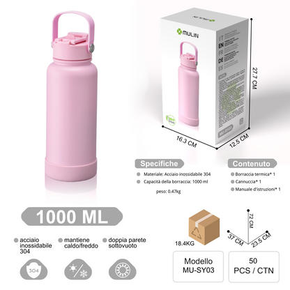 MU-SY03 Borraccia Termica A Doppia Parete con Maniglia 1L