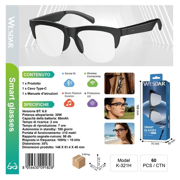WESDAR K-321H Occhiali Bluettooth Transparente