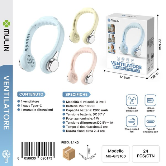 MU-GFS160 Ventilatore da Collo Portatile 1200mAh