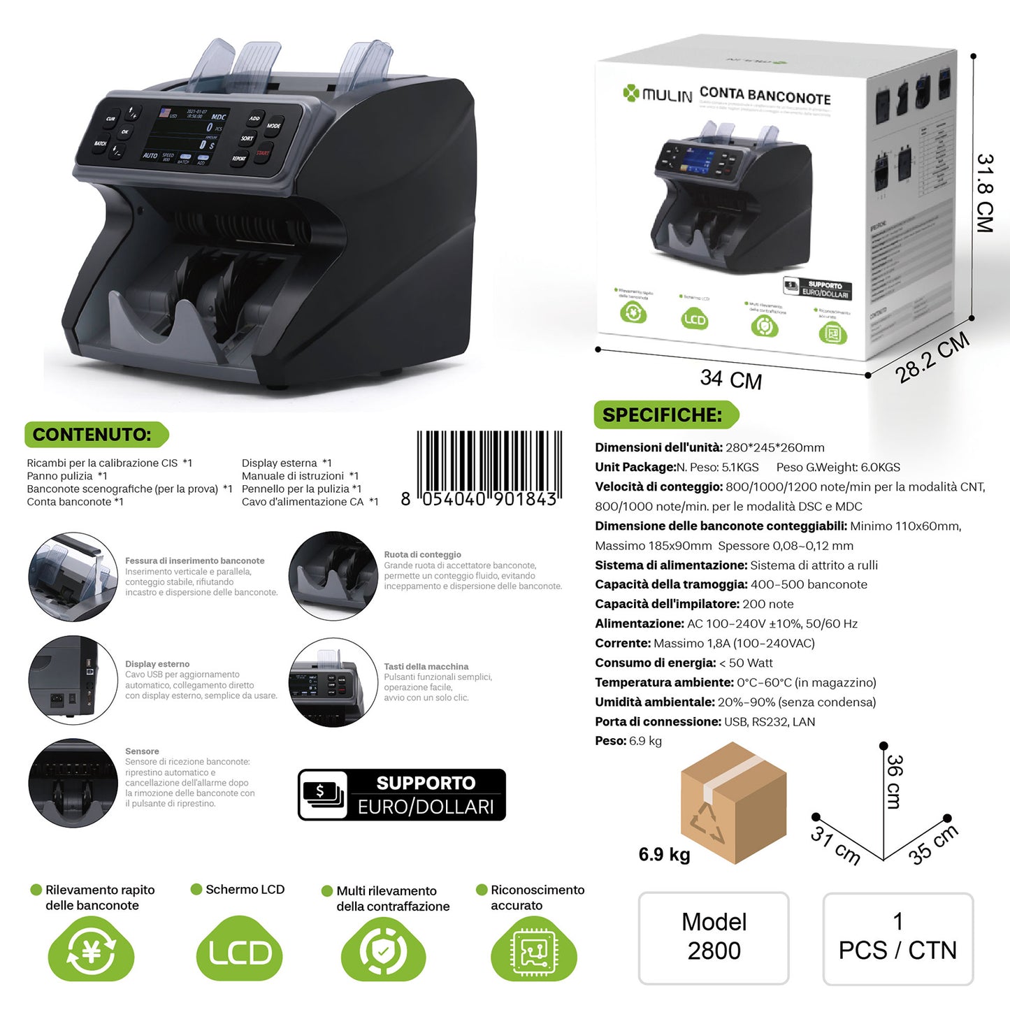 2800 Conta Banconote Supporto Euro/Dollari