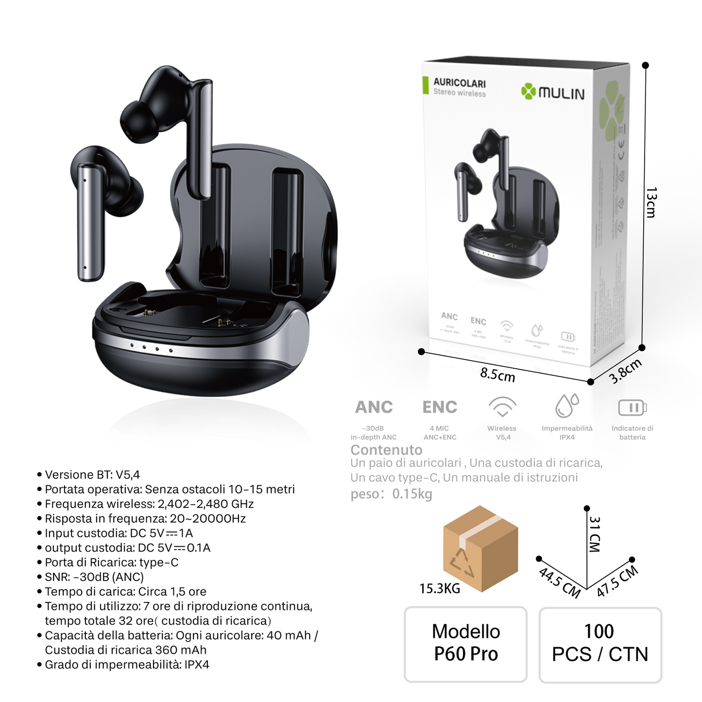 P60 Pro Stereo Wireless Cuffie con ENC e ANC Cancellazione Rumore