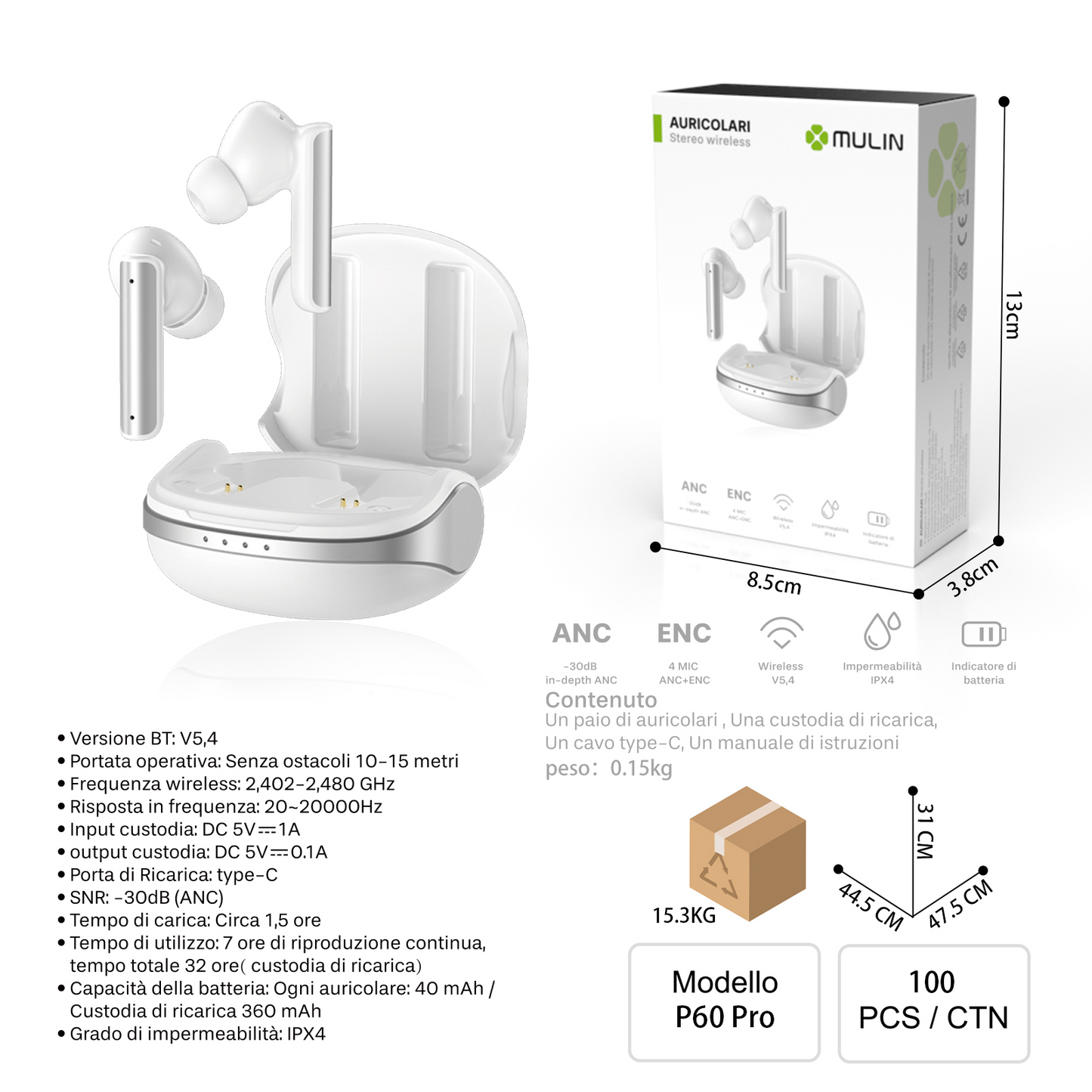 P60 Pro Stereo Wireless Cuffie con ENC e ANC Cancellazione Rumore