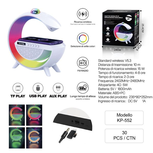 OFFERTA! KP-552 RGB Wireless Speaker and Wireless Phone Charger (MINIMO 1CT)