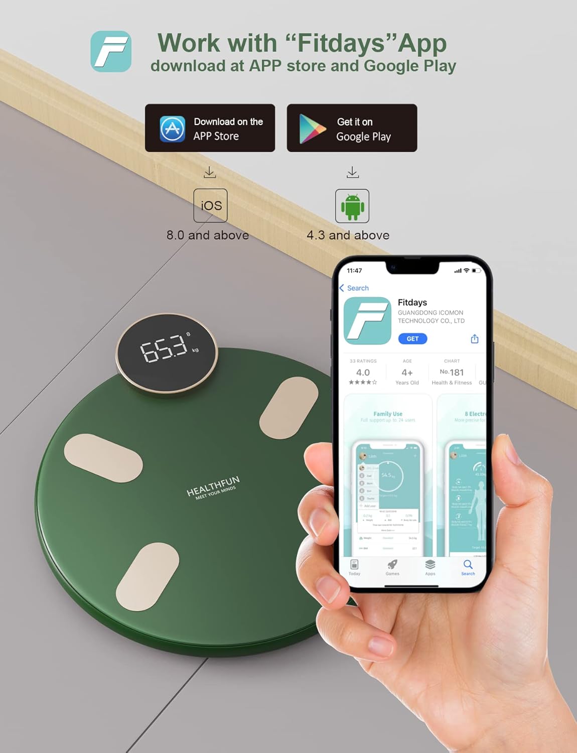 HEALTHFUN Digitale Körpergewichtswaage mit drahtloser Konnektivität