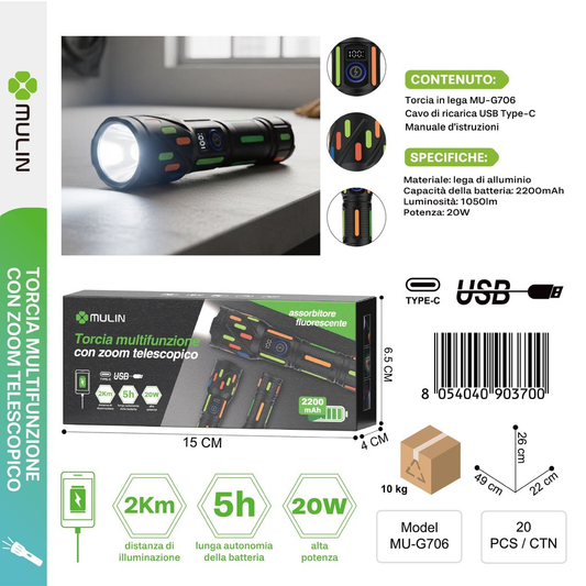 MU-G706 Torcia Multifunzione con Zoom Telescopio