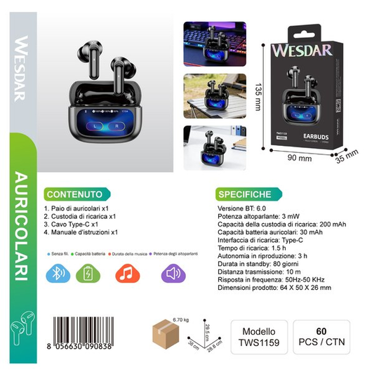 WESDAR TWS1160 Auricolare Wireless con Schermo Integrata