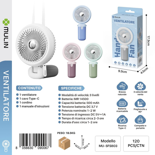 MU-SFS803 Ventilatore Portatile Pieghevole a 90°