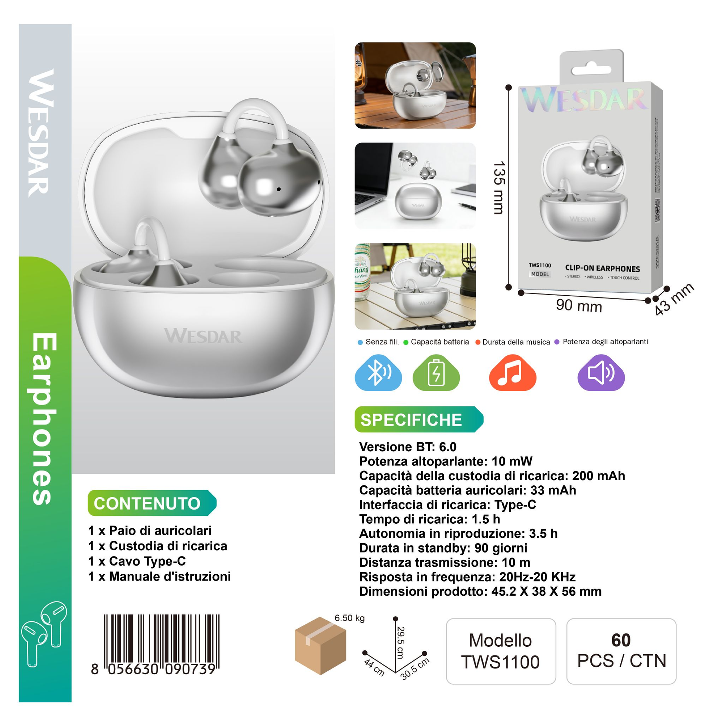 WESDAR TWS1100 Auricolari Bluetooth Argento