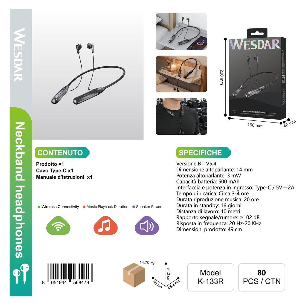 WESDAR K-133R Auricolari Sportivi da Collo (Nero)