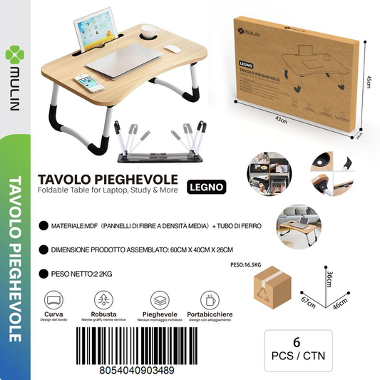 Tavolo Pieghevole con Portabicchiere e Porta Tablet