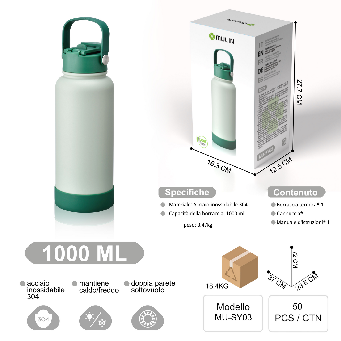 MU-SY03 Borraccia Termica A Doppia Parete con Maniglia 1L