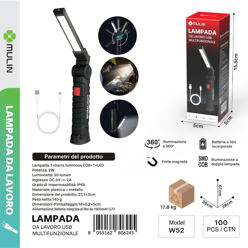 MU W52 Lampada da Lavoro USB Multifunzionale