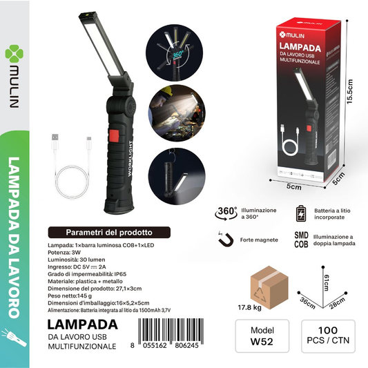 MU W52 Lampada da Lavoro USB Multifunzionale