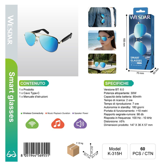 WESDAR K-315H Occhiali Smart Bluettooth (Blu)