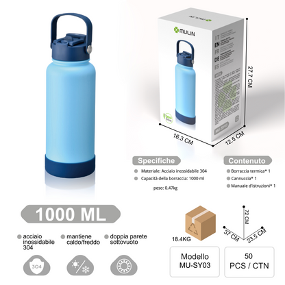 MU-SY03 Borraccia Termica A Doppia Parete con Maniglia 1L